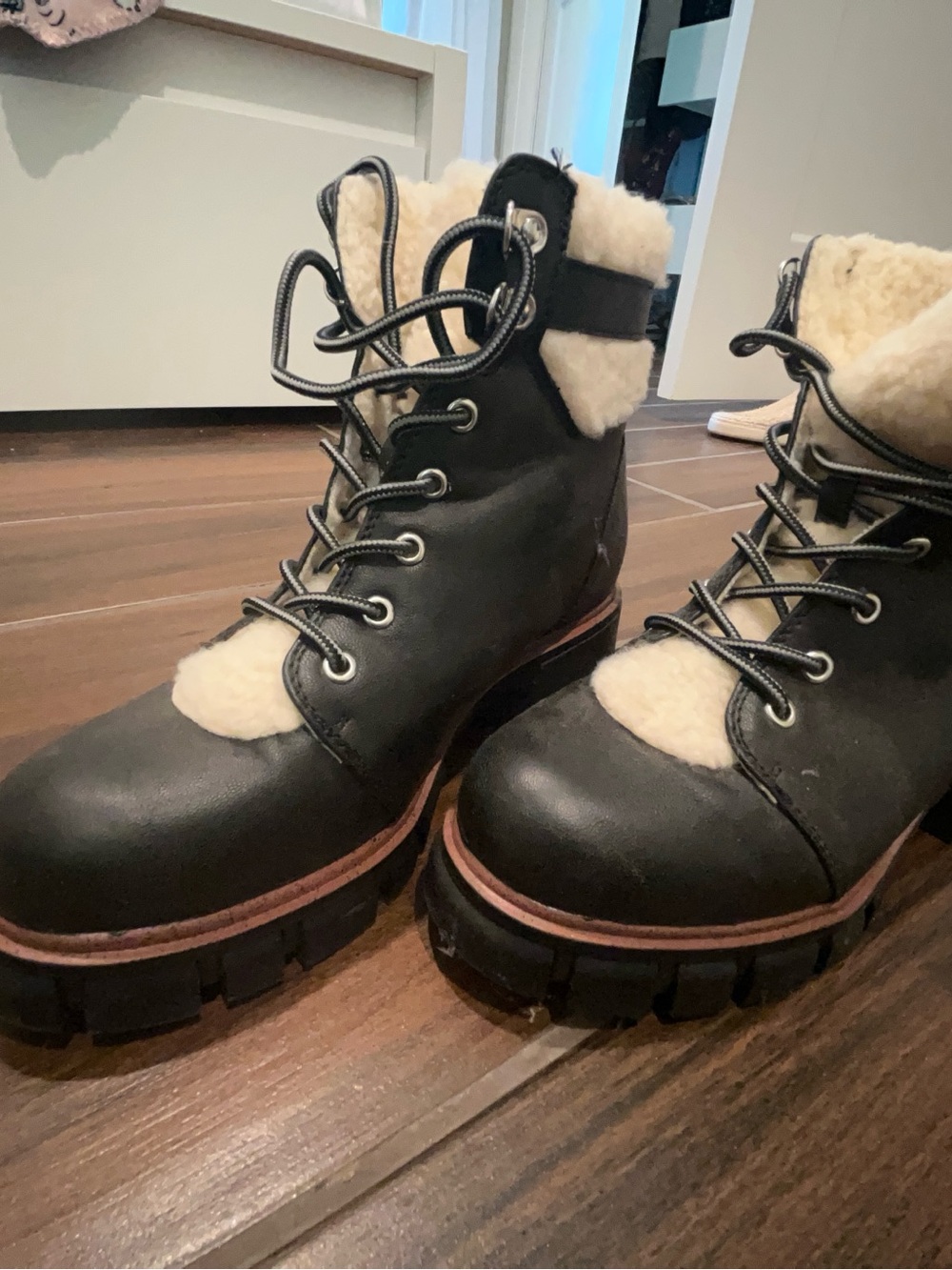 MIA Black Lace-Up Shearling Trim Combat Boots